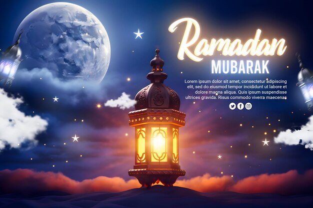 Psd ramadan mubarak social media post with moon editable neon effect text and lightening lantern