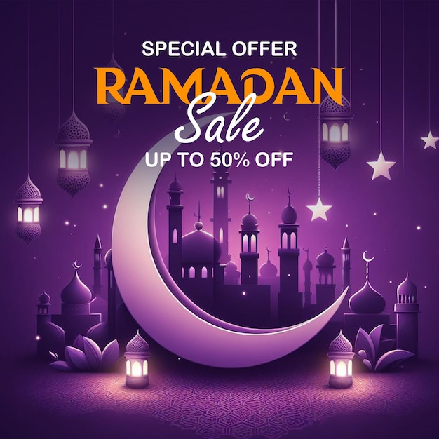 Psd ramadan sale banner template with ornament moon mosque and lantern background and media post