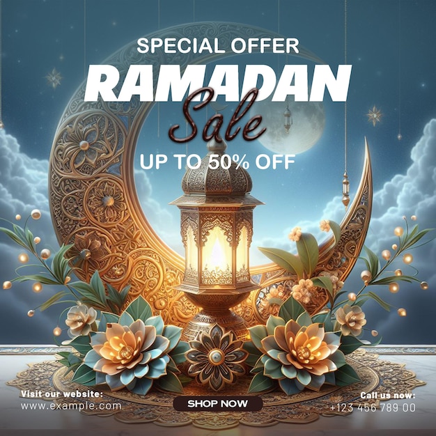 PSD Ramadan sale banner template with ornament moon mosque and lantern background and media post