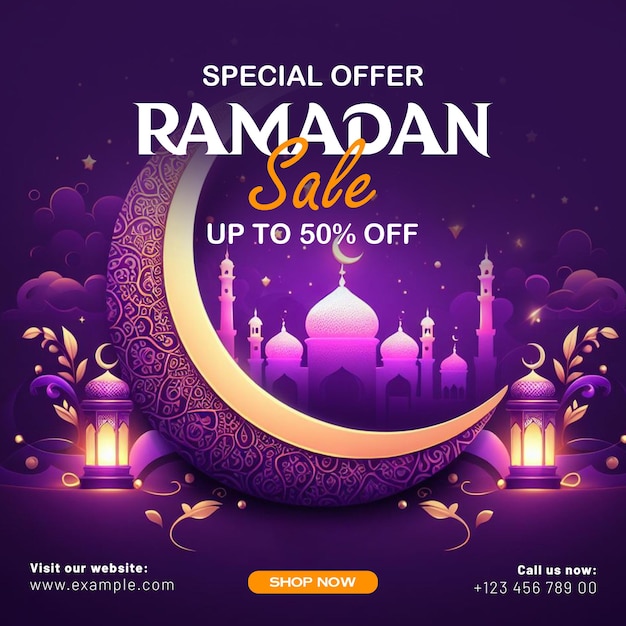 PSD psd ramadan sale banner template with ornament moon mosque and lantern background and media post