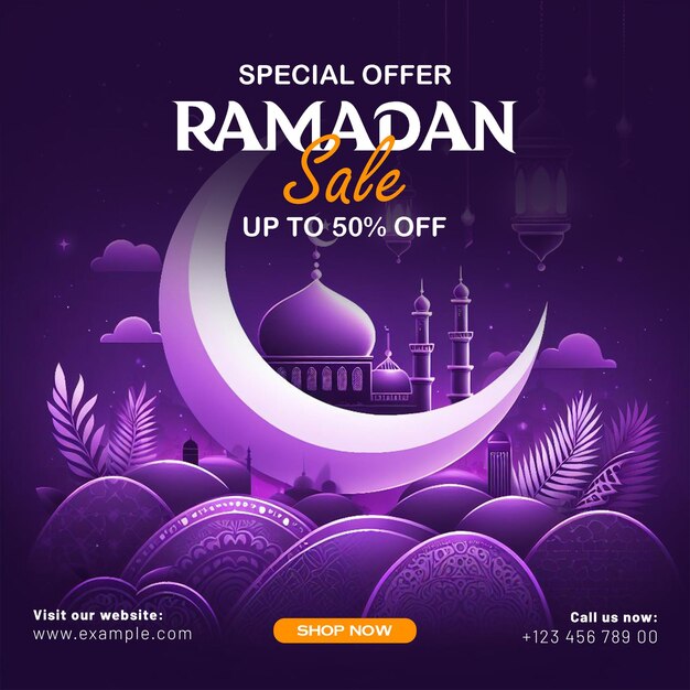 PSD psd ramadan sale banner template with ornament moon mosque and lantern background and media post