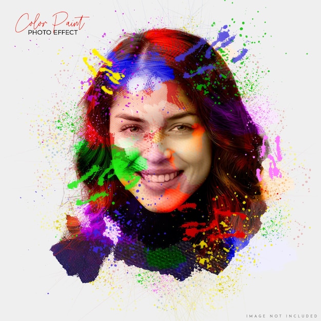 PSD psd realistic colorful paint photo effect a woman with a smile on her face is smiling