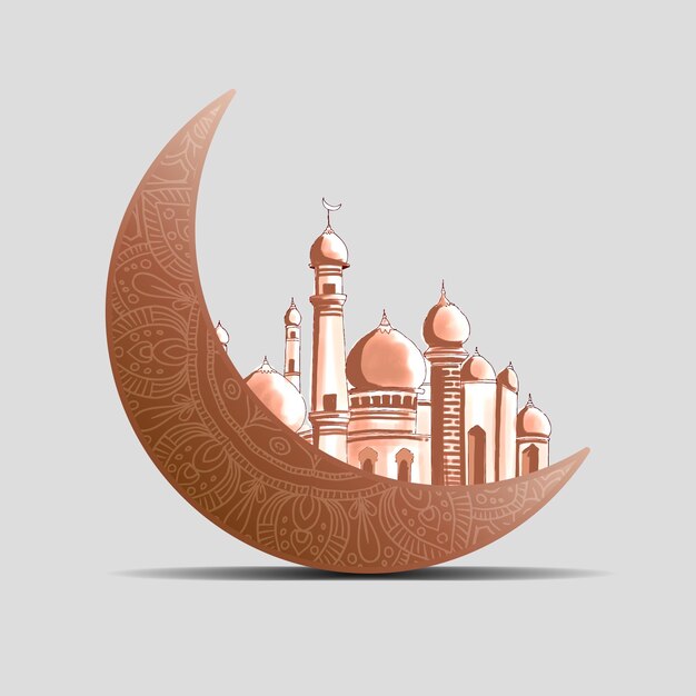 Psd realistico eid mubarak luna e moschea sfondo isolato