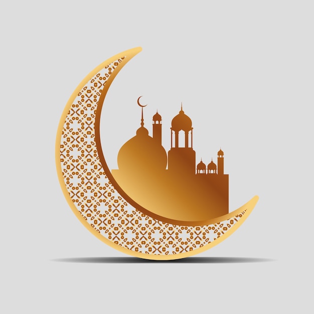 Psd realistico eid mubarak luna e moschea sfondo isolato
