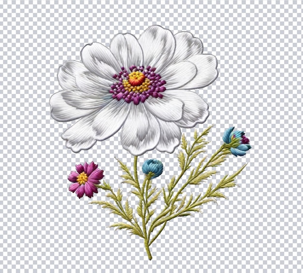 PSD psd realistic embroidery cosmos flowers on isolated background