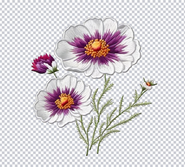 PSD Realistic embroidery cosmos flowers on isolated background