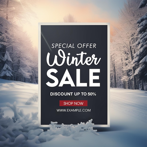 Psd realistic horizontal winter sale poster template with winter illustration background