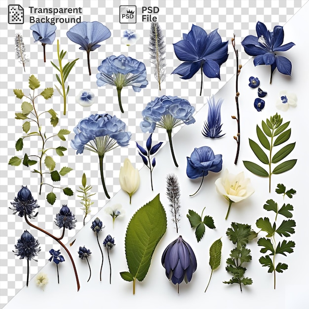 PSD psd реалистичные фотографические ботаники растения экземпляры с разнообразием красочных цветов и листьев, включая синие белые и синие и белые цветы, а также зеленые листья