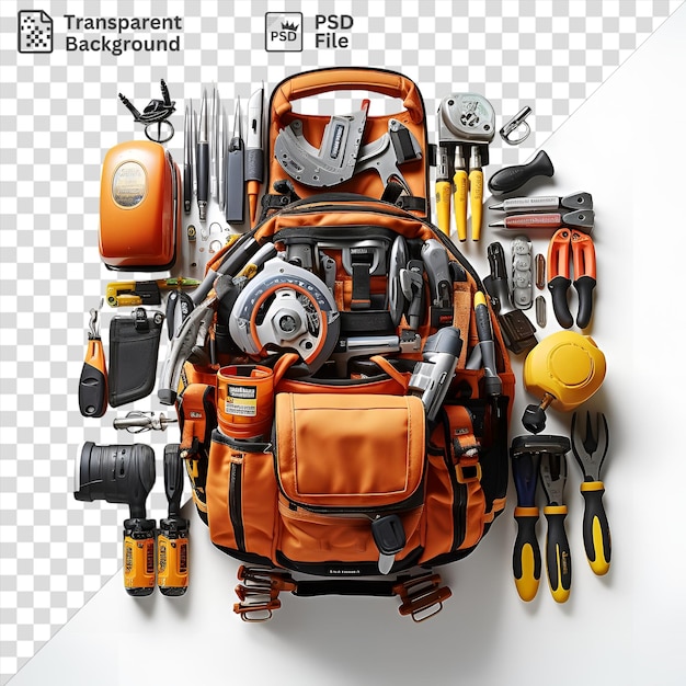 Psd realistic photographic electricians tools and equipment displayed on a white wall including a black handle orange bag and silver and gray headphones