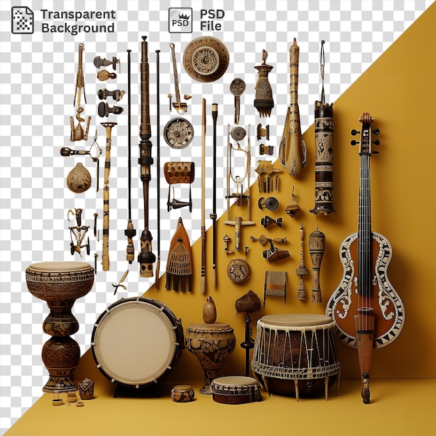 PSD psd realistic photographic ethnomusicologists traditional instruments displayed against a yellow wall featuring a white drum and a brown guitar