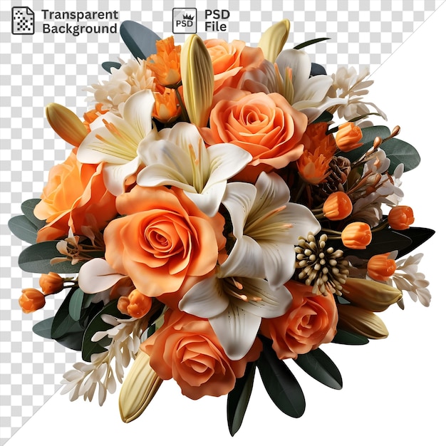 PSD bouquet di fiori fotografici realistici con fiori bianchi e arancioni