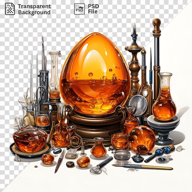 PSD psd realistic photographic glassblowers tools and equipment displayed on a transparent background including a silver spoon and a glass vase