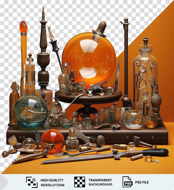 PSD psd realistic photographic glassblowers tools and equipment displayed on a yellow table against an orange wall with a black handle visible in the foreground png