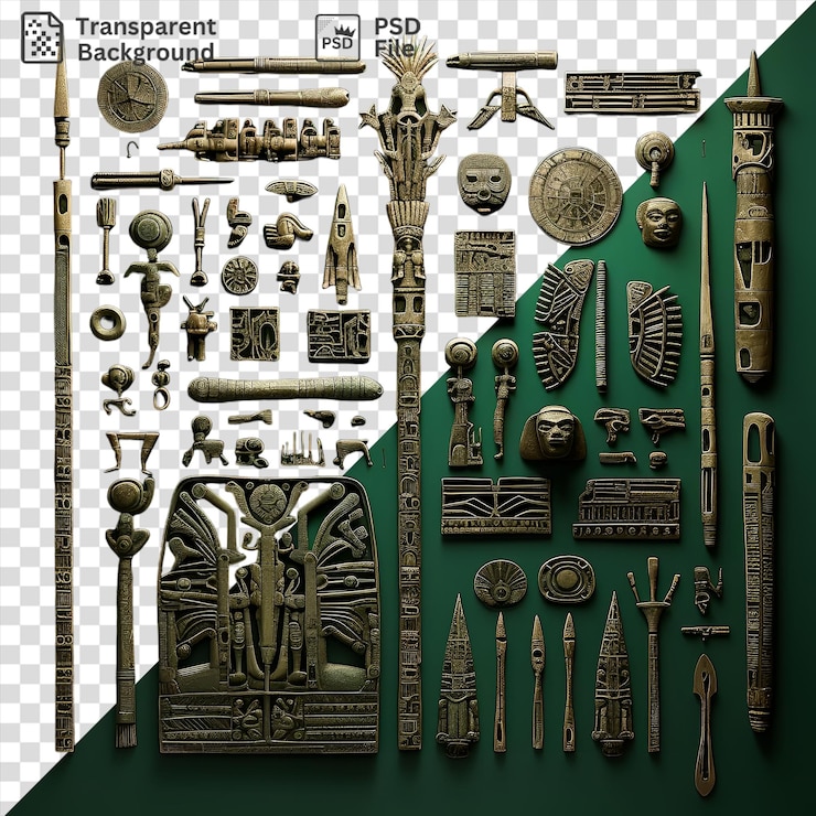 PSD psd realistic photographic historians ancient artifacts displayed against a vibrant green wall featuring a silver and gold coin as the centerpiece