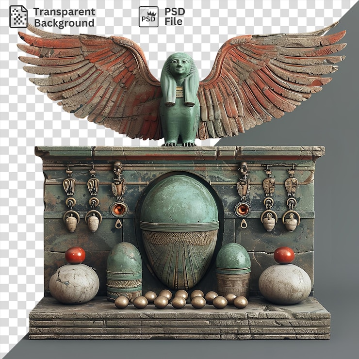 PSD psd realistic photographic historians ancient artifacts displayed against a wall featuring a brown wing and a green statue