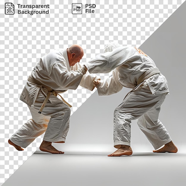 PSD psd fotografica realistica di un incontro di judo dei maestri di judo catturato in azione con un uomo calvo in pantaloni khaki e una cintura marrone con i piedi nudi e una mano visibile in