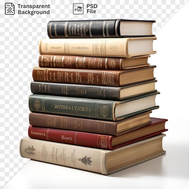 PSD psd realistic photographic linguists dictionaries are displayed on a transparent background surrounded by a stack of books in various colors and styles including brown green red white