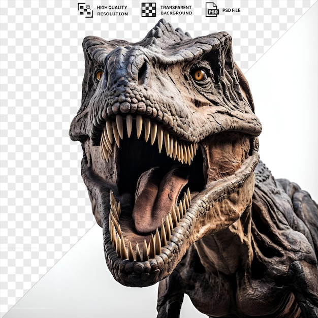 PSD psd realistic photographic paleontologists dinosaur skeleton featuring an open mouth and brown eye with a black leg visible in the foreground