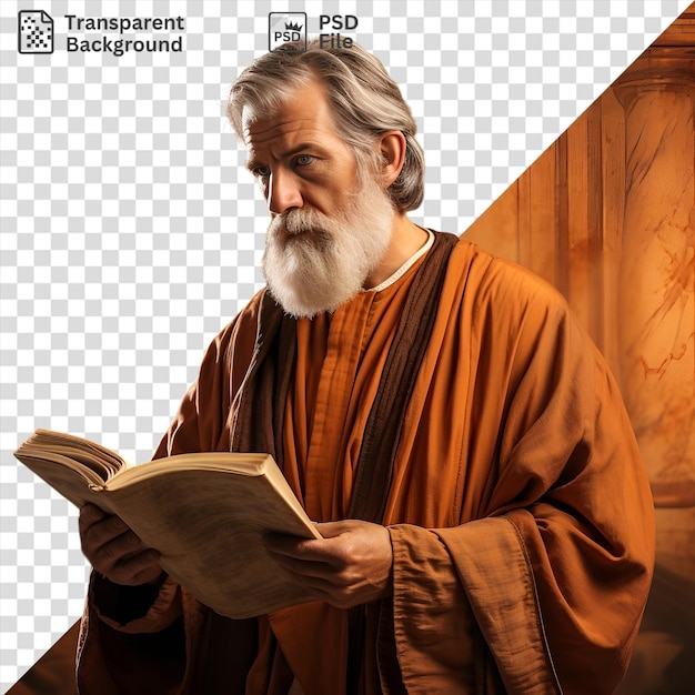 PSD psd realistici fotografi teologi testi antichi catturano un uomo con la barba grigia e i capelli che tiene un libro aperto in mano mentre l'orecchio esce da dietro i capelli