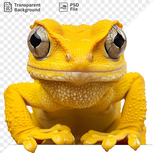 PSD psd リアルな写真 動物学者 フィールドガイド 黄色いカエルと黒い目と黄色い足が前面に描かれています