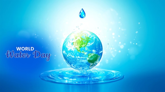 PSD realistic world water day flat design illustration with globe on the water wave and droplet