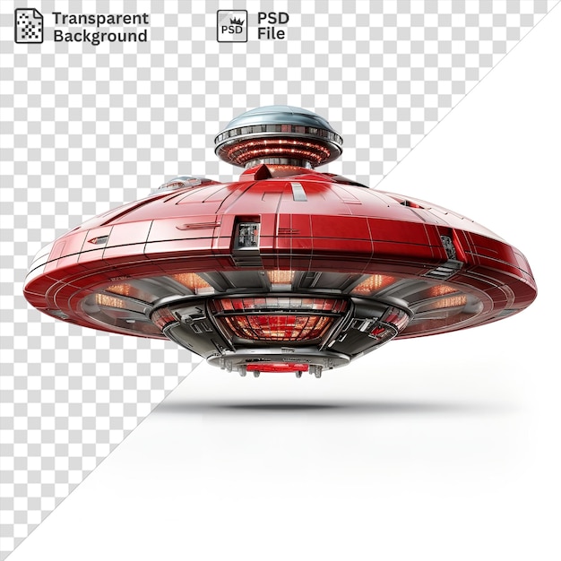 Psd realistische fotografische ufo onderzoekers buitenaardse ontmoet een rood licht en een witte hemel met een zwarte schaduw op de voorgrond