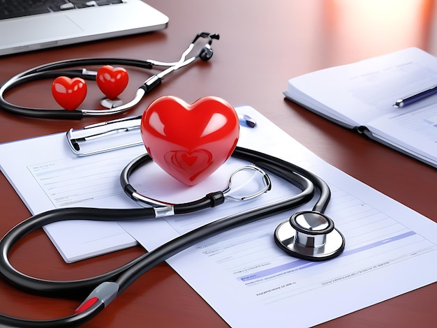 PSD psd red heart love shape and doctor physicians stethoscope on table background