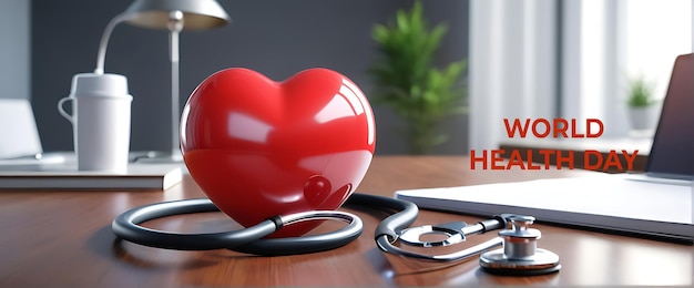 PSD psd forma di cuore rosso amore e medici medici stetoscopio sullo sfondo del tavolo