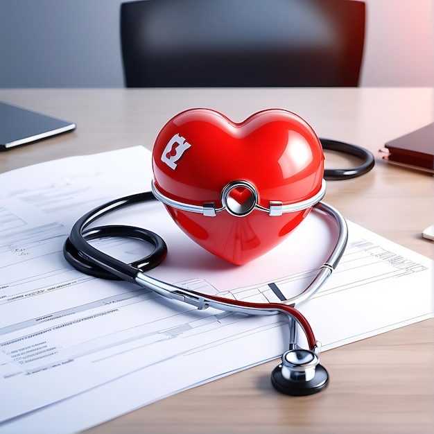 Psd red heart love shape and doctor physicians stethoscope on table background