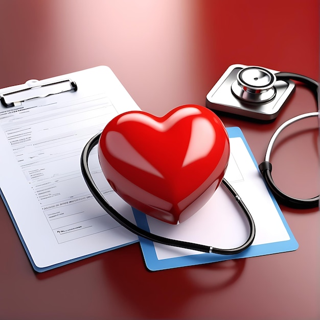 PSD psd red heart love shape and doctor physicians stethoscope on table background