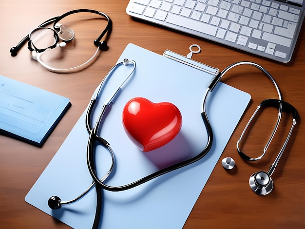 PSD psd forma di cuore rosso amore e medici medici stetoscopio sullo sfondo del tavolo
