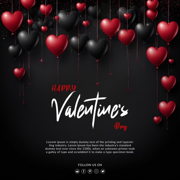 PSD psd red hearts valentines day premium greeting design on black background