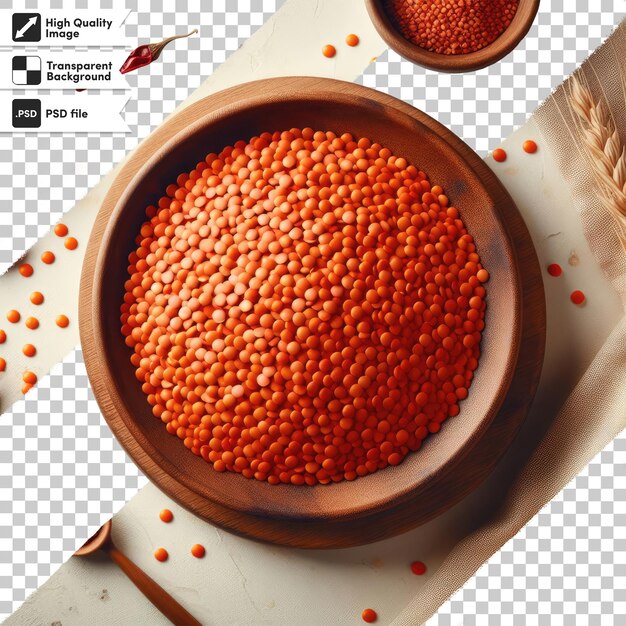 Psd red lentils on a wooden plate on transparent background with editable mask layer