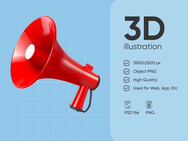 PSD red megaphone icon 3d render illustration