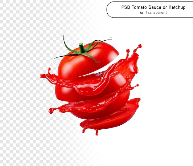 psd red tomato with juice or ketchup splash isolated on png transparent background3d rendering