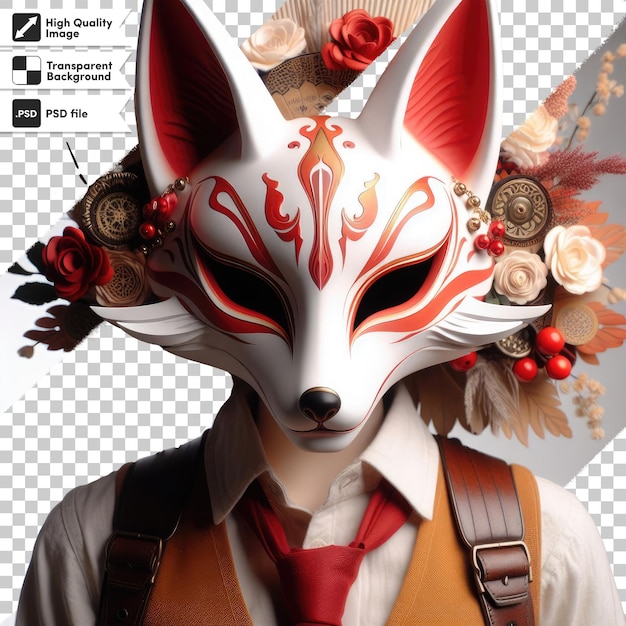 PSD psd red and white fox mask kitsune on transparent background with editable mask layer