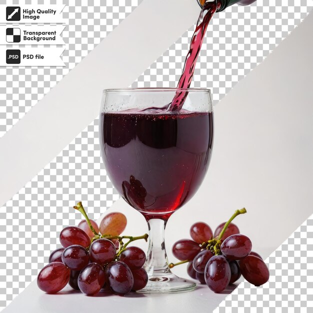 Psd red wine pouring into glass with grapes on transparent background with editable mask layer