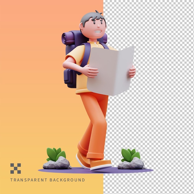 Psd reisjongen met 3d-illustratie van de kaart