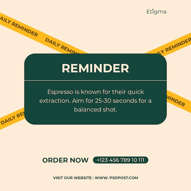 Psd reminder coffee on cream background and tape texture instagram post template