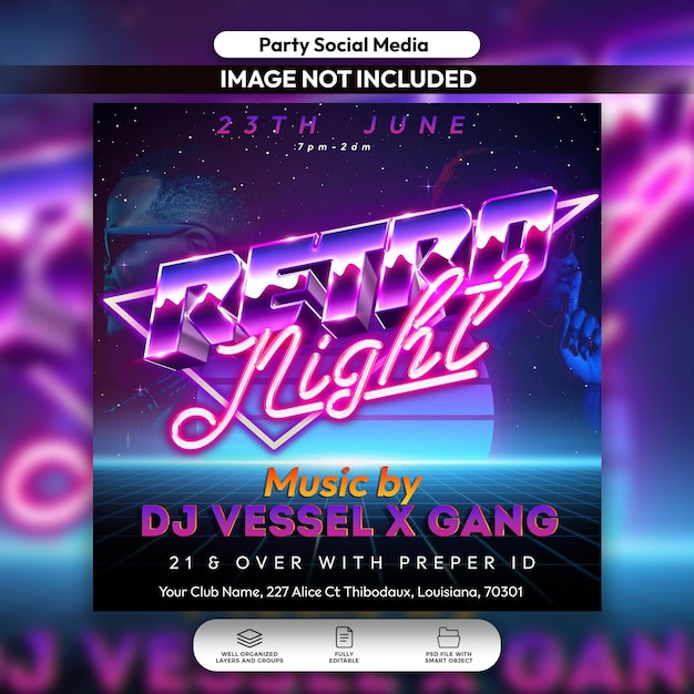 PSD psd retro night party flyer and social media post template