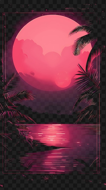Psd retro synthwave sunset light neon frame met retro synthwave outline collage art transparant