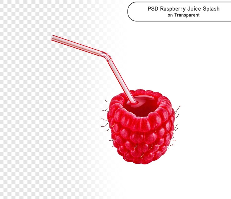 PSD psd ripe raspberries with leaves in splashes of red juice isolated on png transparent background
