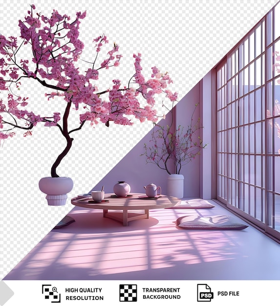 PSD 미니멀리즘 인테리어는 투명한 배경으로 색 꽃병과 분홍색 꽃이 장식되어 있으며, 색과 핑크색 벽과 창문을 배경으로 설정되어 있습니다.