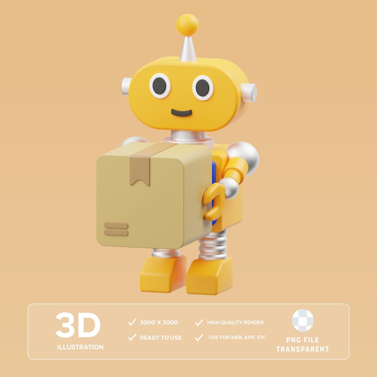 PSD psd robot doing package delivery 3d illustration
