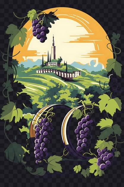 PSD psd of rolling vineyard with grapevines wine barrels rich purple an template clipart tattoo design