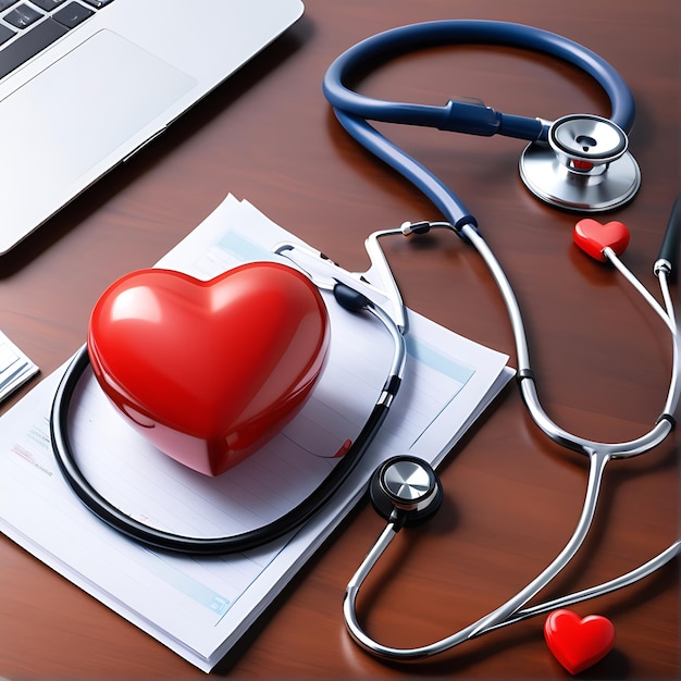 PSD psd rood hart liefdesvorm en dokter artsen stethoscoop op tafel achtergrond