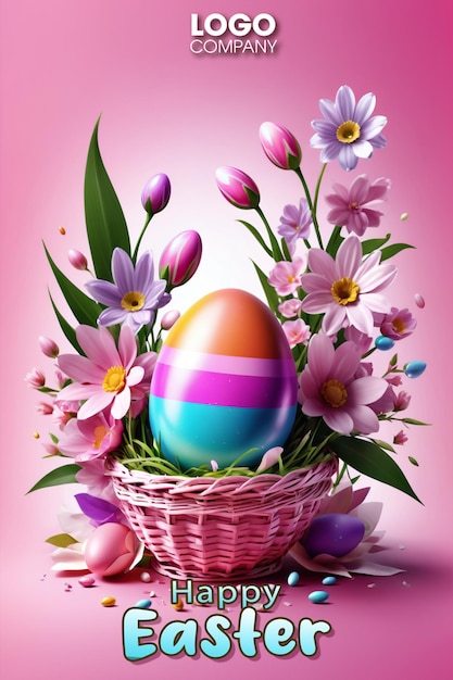 PSD psd różowy szczęśliwy dzień wielkanocny tło z białym jajkiem wielkanocnym otoczonym kolorowymi kwiatami