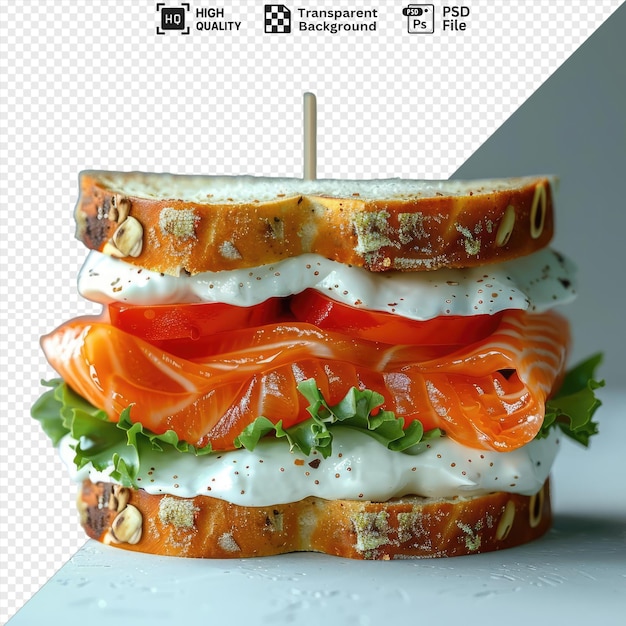 PSD psd salmon fillet sandwich on toasted bread with a toothpick served on a transparent background against a blue wall png psd