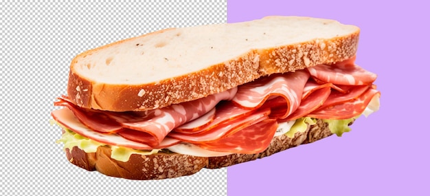 PSD-sandwich met ham en saladebladeren op een doorzichtige achtergrond