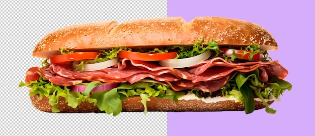 Psd-sandwich met salami en saladebladeren op een doorzichtige achtergrond